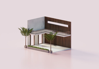 3D Rendering Empty Interior Room Design In Isometric View