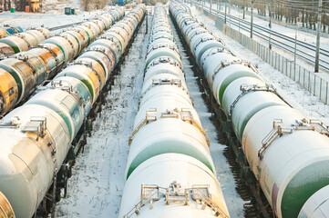 RIGA, LATVIA-December 25, 2022: a large number of railway tank cars at the railway station