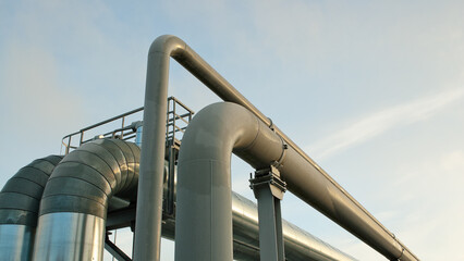 Naklejka premium pipeline close-up, in the photo pipeline blue sky and clouds, bottom view