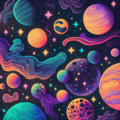 Dark pastel galaxy themed print pattern illustration, granular texture Generative AI