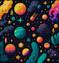 Dark pastel galaxy themed print pattern illustration, granular texture Generative AI