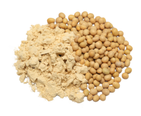 Closeup pile of Soybeans powder together with soybeans seeds isolated on white background.