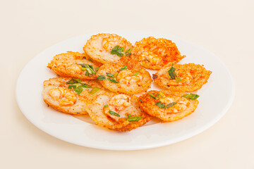 Banh khot Vung Tau, Vietnamese mini savory pancakes with with rice batter and shrimp, vietnamese food isolated on white background, close-up