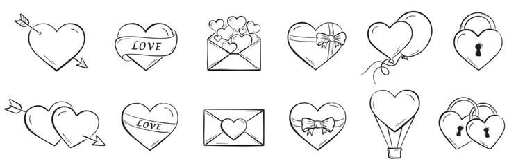 sketchy valentines hearts set. romantic and love symbols. valentine's day design - obrazy, fototapety, plakaty