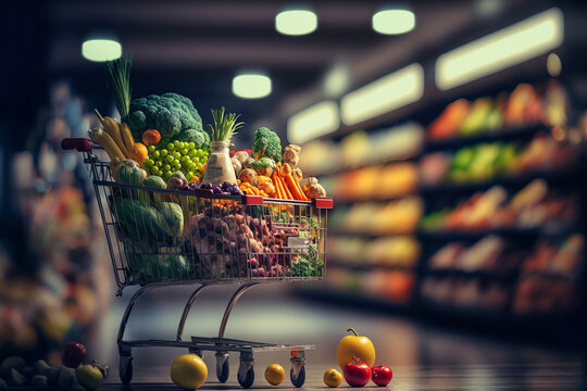 Einkaufswagen voller gesunder Lebensmittel im Supermarkt. Gute Vorsätze zum Jahreswechsel. 