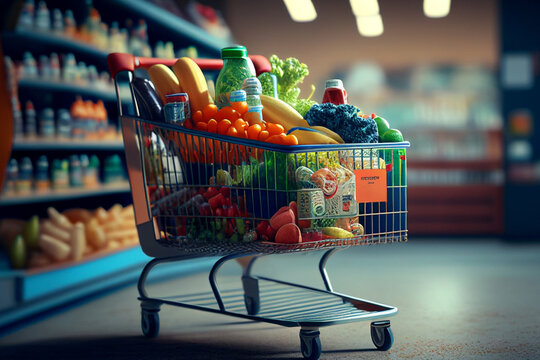 Einkaufswagen voller gesunder Lebensmittel im Supermarkt. Gute Vorsätze zum Jahreswechsel. 