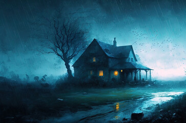 haunted house in the rain. Generative AI picture.