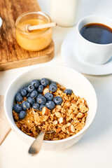 Homemade granola with nuts and fresh berries for breakfast. Proper balanced nutrition. Food for Vegetarians.