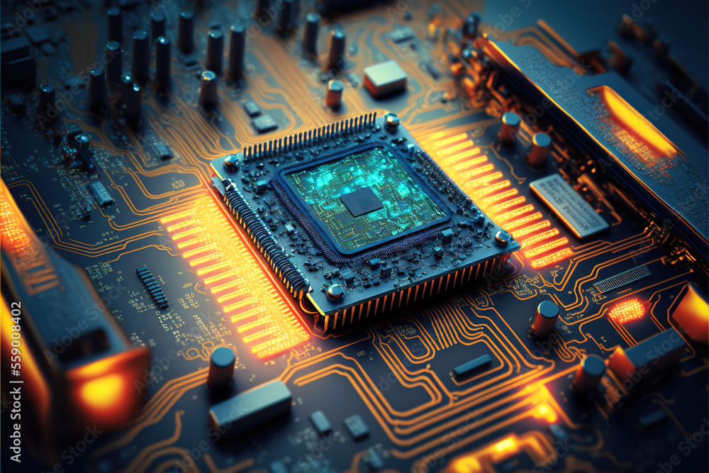 Poster processor on computer circuit board with microchips, generative ai