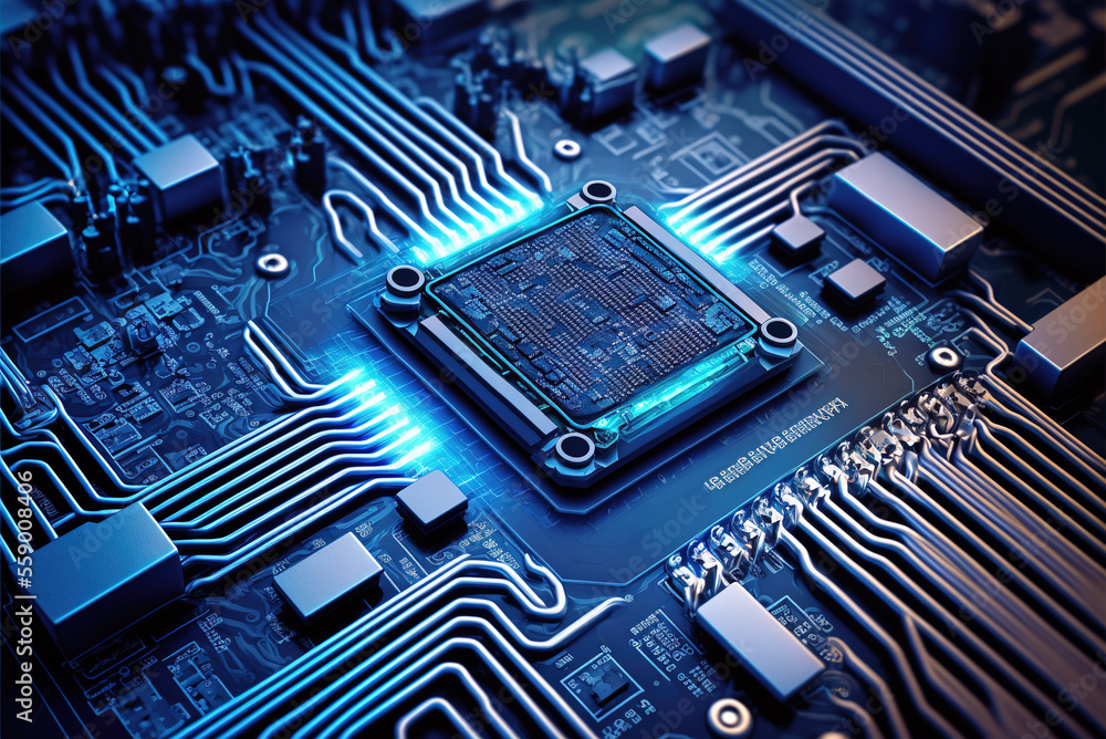 Poster processor on computer circuit board with microchips, generative ai