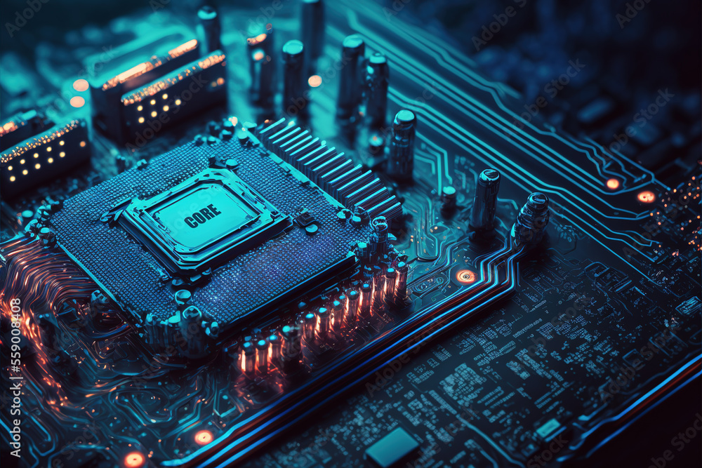 Poster processor on computer circuit board with microchips, generative ai