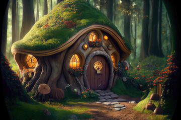 Hobbit house with flowers and lights in dark fantasy forest, generative AI - obrazy, fototapety, plakaty