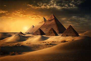 Pyramids at sunset in Egypt. Fantasy Egyptian landscape, fiction view. Scenery of desert, sand and ancient monuments.
