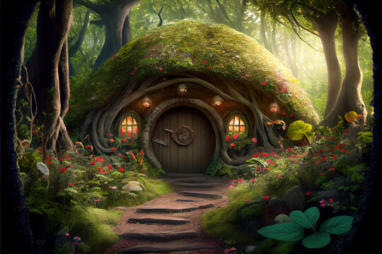 Hobbit house with overgrown roof in fantasy forest, generative AI.