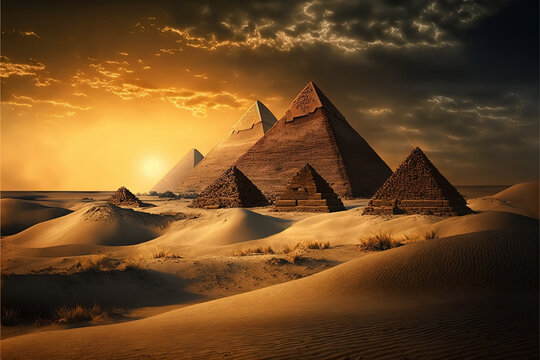 Pyramids at sunset, Cairo, Egypt. Fantasy Egyptian landscape, generative AI