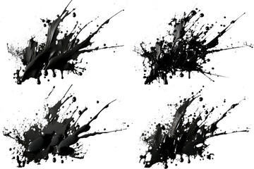Naklejka premium 4 Ink paint splash brushes. Black inked splatter paint splattered spray splash. Spray paint isolated on White Background. Drips black ink splatters, Ink blots set.