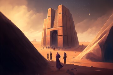 People walk through the desert to a mysterious building