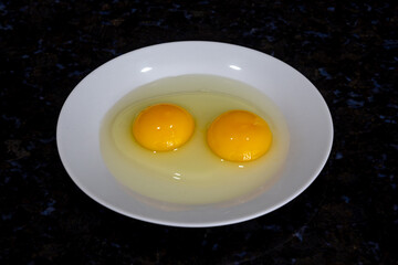 Raw egg with two yolks in white plate on dark background and selective focus. Isolated