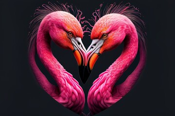 Pink flamingos love heart kiss for Valentines, magenta on black, generated ai illustration
