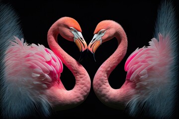Pink flamingos love heart kiss for Valentines, magenta on black, generated ai illustration