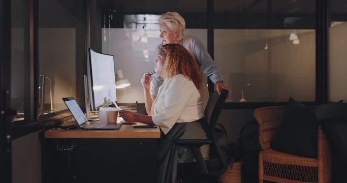 Office, overtime and woman with manager at computer, coaching for worker on online project for digital marketing company. Teamwork, advice and support from management for girl working late at night.