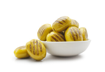 Natural grilled green olives in ceramic bowl isolated on white background close up	  