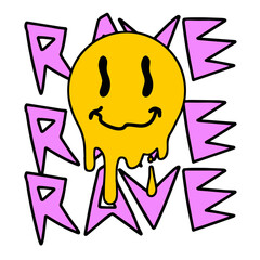 Yellow smile face on background of rave text