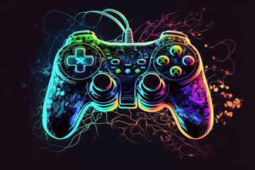 Neon-stylized gamepad in a unique design. Future of gaming. Console gaming. Generative AI.