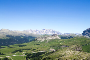 Mountain range landscape. Rolle pass area, dolomites