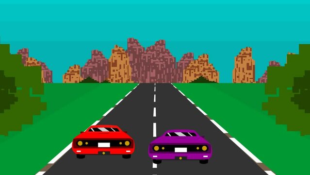 Animated video of old racing car game in 8-bit style with other cars competing, arcade, pixel, 2d.