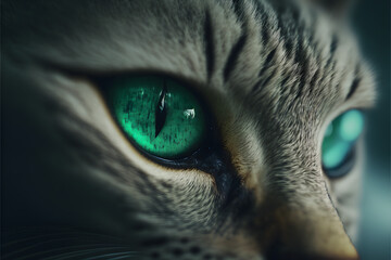 close up shot of a green evil cat eyes, generative ai