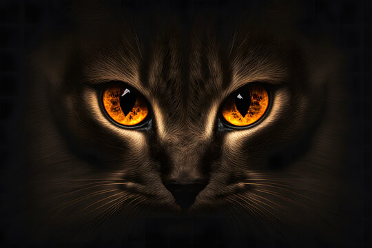  evil orange cat eyes glowing in dark, generative ai