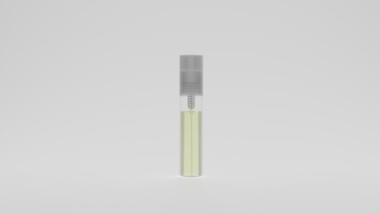 Small plastic transparent bottle for perfume with liquid isolated on white background. Cosmetic concept. 3D render