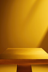 Squared table made of gold with golden background and ray of light for product presentations