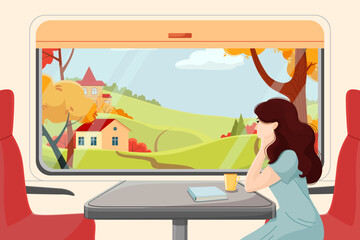 The girl looks out the train window. Autumn landscape on the background. Travel by rail. Vector colorful illustration in cartoon style