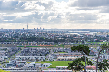 View of Auckland city from the Mt Wellington lookout, looking north towards the city and Skytower in the distance