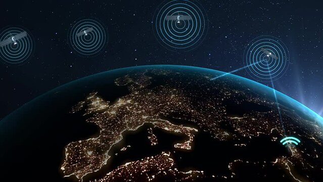 Telecommunication satellites transmit and broadcast digital signals across the surface of the earth. Visualization of data transmission via satellite communications. Wireless global network. High