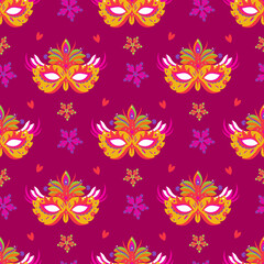 Fototapeta premium Elegant theater masquerade orange masks on deep pink background 