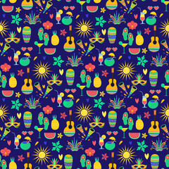 Brazilian Theme Holiday Party background. Brasilian Carnival Wrapping or Gift Paper. Guitar and South American Musical Instruments on blue seamless pattern.
