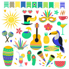 Naklejka premium Brazilian Carnival Fiesta Holiday set. South America Birthday decorations 