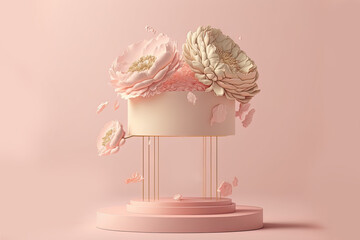 Obraz premium 3d podium display for product photography with a stone turntable with abstract roses. For product photography background Generative ai