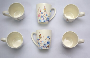 Colorful set of White Ceramic Tea or Coffee mug with Blue red flowers and butterflies on it , isolated on white background