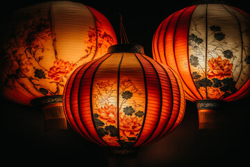 Chinese traditional lanterns lit to celebrate the new year, generative ai