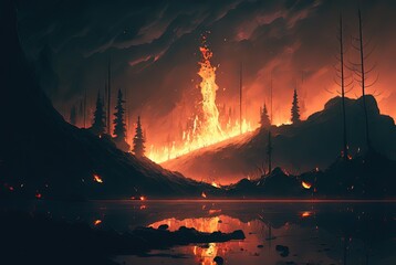 hill be on fire in wasteland in night time