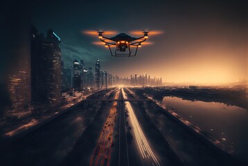 illustration close up drone, take flight over urban city with sunlight shine from behind, cityscape as background