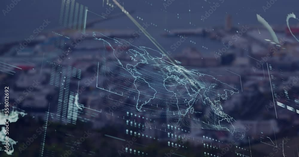 Poster animation of globe, loading bars and map against aerial view of port in background