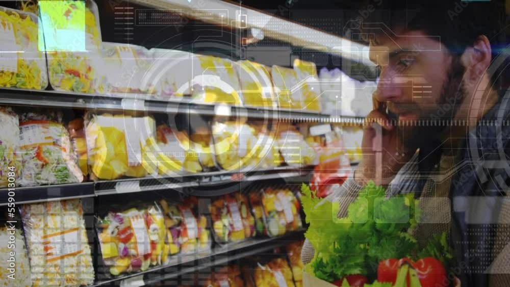 Poster animation of data processing over caucasian man shopping