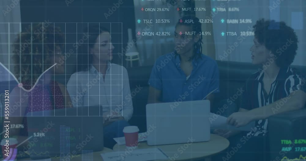 Poster animation of stock market data processing over group of diverse colleagues discussing at office