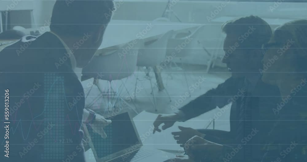 Poster animation of statistical data processing over diverse businesspeople discussing over digital tablet