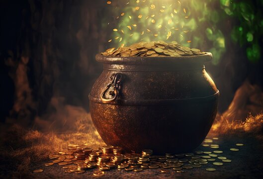 Pot Or Cauldron Full Of Ingot Gold And Golden Coins Inside Idea For Money Saving , Wealth And Prosperity